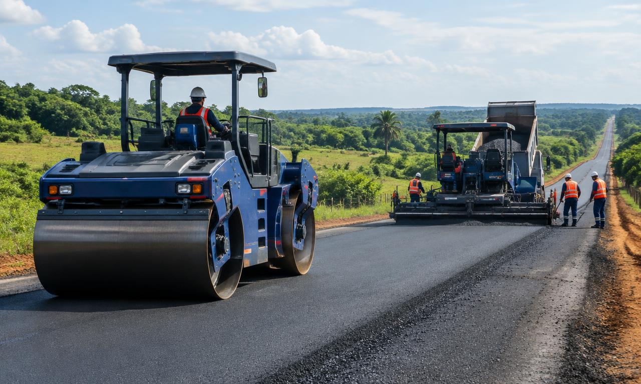 Equipe e equipamentos executando pavimentação asfáltica